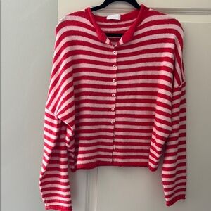 Isalis - Women’s Red and Cream Striped Button-Front Cardigan Sweater